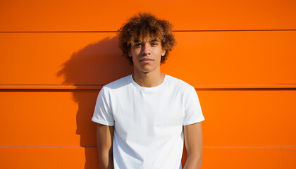  Portrait of a Curly-Haired Young Man in a White Shirt Against an Orange Background