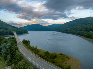 Late afternoon summer aerial photo of the bridge over the Cannonsville Reservoir, Trout Creek,...