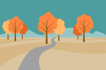 autumn landscape background with trees, mountain and road countryside. vector illustration