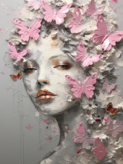 Oil painting impasto of pink and beige woman portrait with butterflies. Valentine, Woman's day and Mothers day concept, art for design poster, banner, wedding invitation 