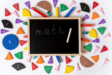Сolorful math fractions, chalkboard on white background. interesting math for kids. Education, back to school concept. Geometry, numbers and mathematics materials for preschool or daycare