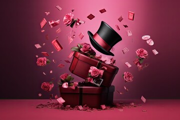 gifts falling out of a top hat on a pink color, gifts concept. - obrazy, fototapety, plakaty