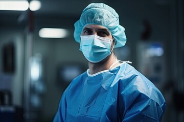 Portrait of a confident doctor after long operation in mask, at hospital high quality photo