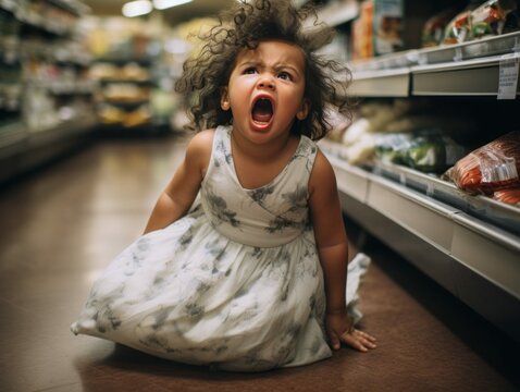 Little Toddler Girl Having a Meltdown on Grocery Store Aisle Floor