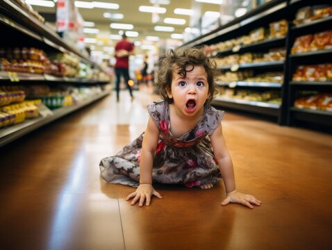 Toddler Girl in Dress Screaming on Floor of Supermarket