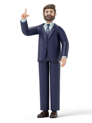 Fototapeta premium A 3D cartoon character standing and showing hand at direction,with index finger up gesture, 3d rendering,conceptual image, isolated on white background.