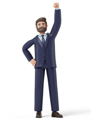 A 3D cartoon character raising his a hand, celebrating success, happy and success concept, 3d rendering,conceptual image, isolated on white background.