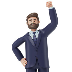 A 3D cartoon character raising his a hand, celebrating success, happy and success concept, 3d rendering,conceptual image, isolated on white background.