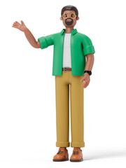 A 3D cartoon character standing and showing hand at direction. 3d rendering,conceptual image, isolated on white background.