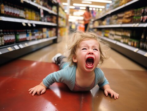 Toddler Having a Temper Tantrum or Meltdown on the Floor in Grocery Store