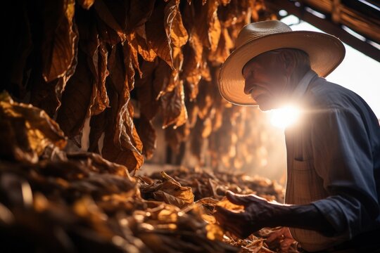 Farmer old man picking dried tobacco leaves in curing plant