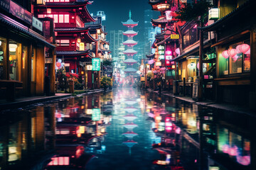 view of the city. chinese temple at night. Fantasy landscape of the city at night with a lot of pagoda. Generative AI