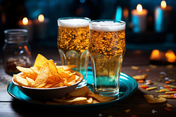 Two glasses of beer and chips on a wooden background. Close-up. Food concept. Celebration, party and holiday. Patrick Day. Generative AI