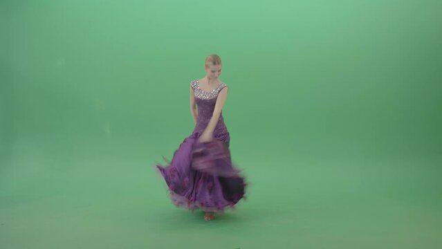 Girl in violet princess ballroom gown curtsying and spinning on green screen, fairy tale chroma key footage
