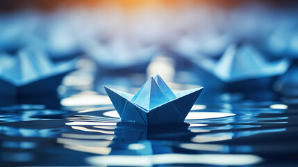 Leadership concept using blue paper boats among white - obrazy, fototapety, plakaty