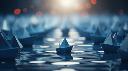 Leadership concept using blue paper boats among white
