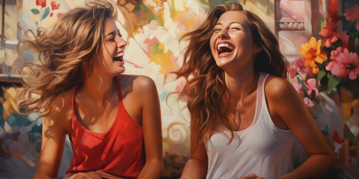 painting of happy girls laughing together, generative AI