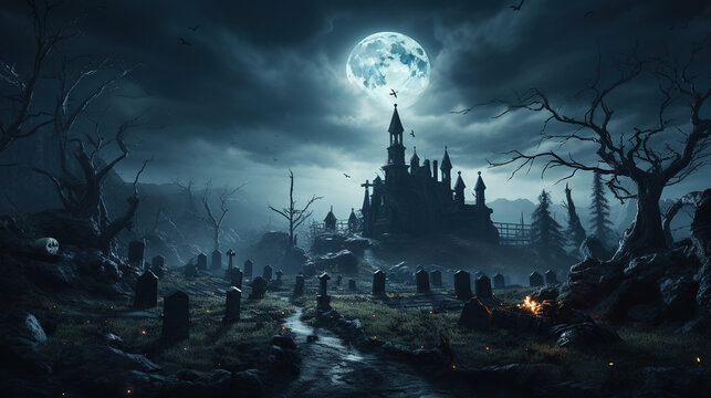 Halloween background. Tombston(graveyard) with moon and dark forest. Halloween design with copyspace