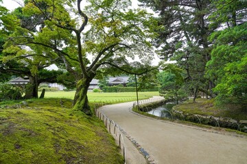 きれいに手入れされた日本庭園と古い茅葺きの日本家屋のコラボ情景