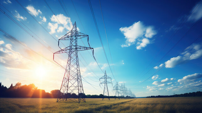 Electricity background banner panorama - Voltage power lines / high voltage electric transmission tower with blue sky and shining sun