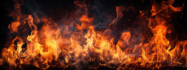 Closeup of burning flames, fire, barbeque fire, grilling, campfire, barbecue background banner long, isolated on black background