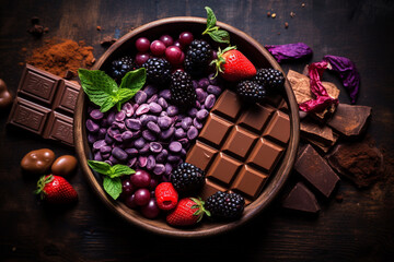 Assorted chocolates and marshmallows on a pink background. Copy space. Chocolate with berries and mint on wooden background. Selective focus. Generative AI