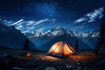camping in the mountains. Tourist tent in the mountains at night with starry sky. Travel concept. Generative AI