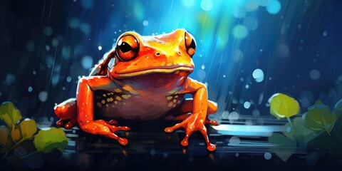 illustration of frog in the rain, generative AI - obrazy, fototapety, plakaty