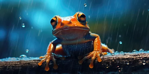 Poster illustration of frog in the rain, generative AI © VALUEINVESTOR