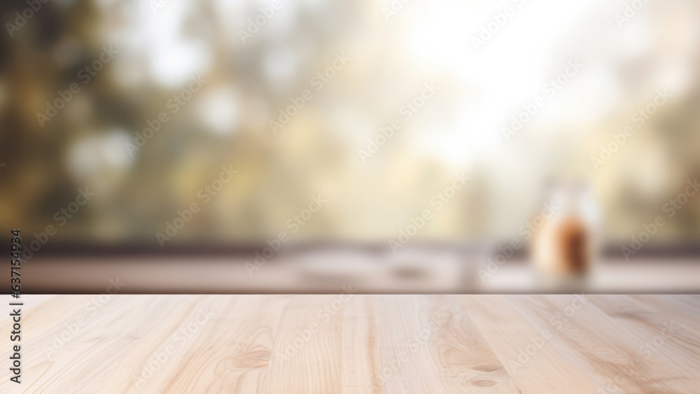 Poster wooden table by the window with drink bottle with sun rays and blurred trees outside. high quality p