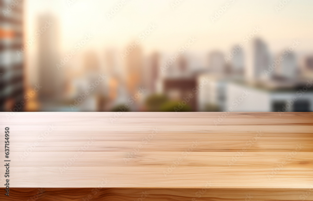 Aufkleber empty wooden table with blurred background of a city view skyline. ideals for product presentation. 
