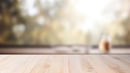 Wooden table by the window with drink bottle with sun rays and blurred trees outside. High quality photo