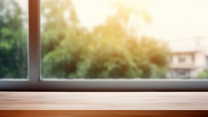 Empty wooden table front of the window, view of a large tree outside, with a blurred house and sunlight background. High quality photo