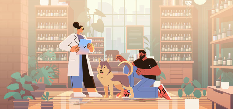 pet owner visiting veterinarian doctor checking up dog health medicine animal health care examination