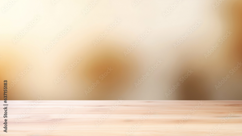 Poster empty light brown wooden table with smooth surface on soft blurred background. high quality photo