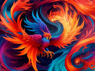  colorful and vibrant swirly and flowery background with a phoenix in the middle