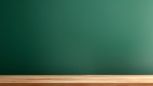 Empty Wooden Table Against A Green Wall Background. High Quality Photo