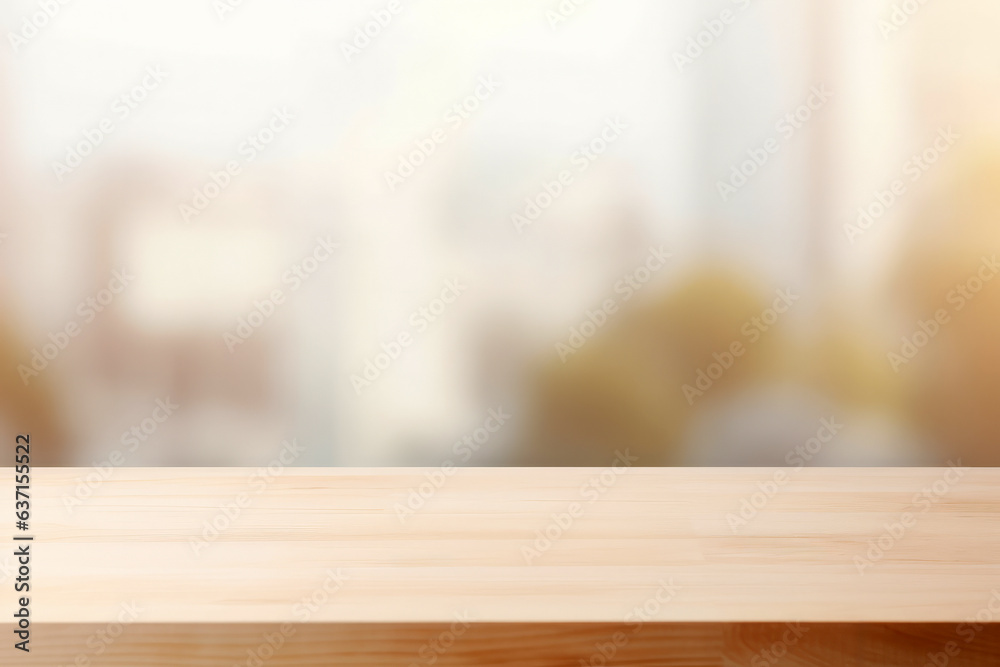 Aufkleber empty wooden table, smooth surface in brown color with blurred background and sunlight reflection. h