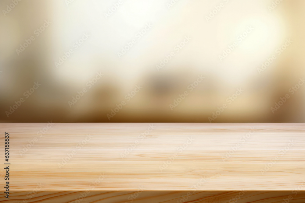 Poster empty wooden table with smooth surface on blurred sunlight background. high quality photo