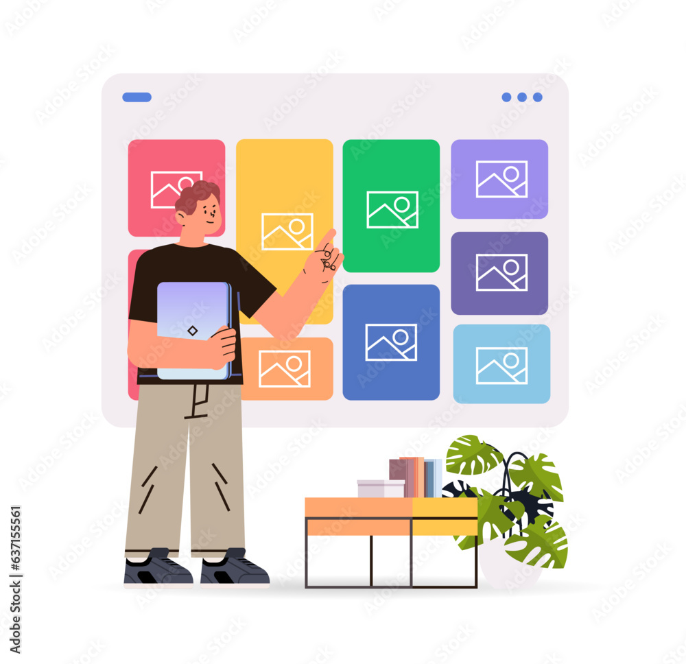  man using creative portfolio app on computer screen visual design projects concept