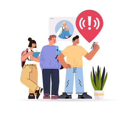 people using smartphone with exclamation alarm caution warning notification mark on screen emergency alert concept