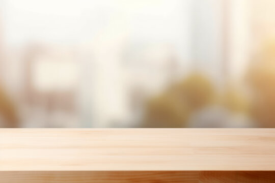 Empty wooden table, smooth surface in brown color with blurred background and sunlight reflection. High quality photo