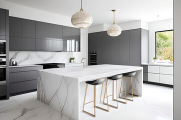 Luxury modern kitchen interior. Marble grey and white kitchen