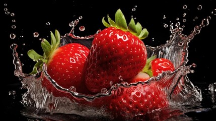 fresh red strawberry hit by water splash on black background and blur