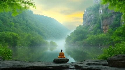 Buddhist monk in meditation on mountaintop at beautiful sunset or sunrise - obrazy, fototapety, plakaty