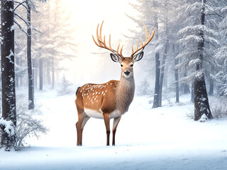 Naklejka na ściany i meble Noble deer male in winter snow forest Artistic 