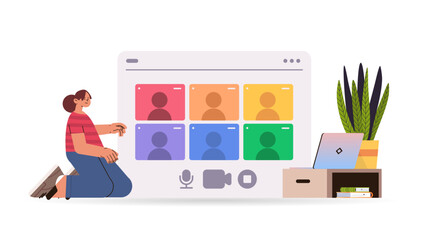 student watching online webinar on laptop screen attending class distance learning education video conference