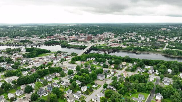 Drone shot of Bangor, Maine on an overcast day.