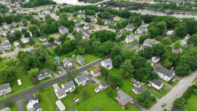 Overhead drone shot of suburban houses in Bangor, Maine.
