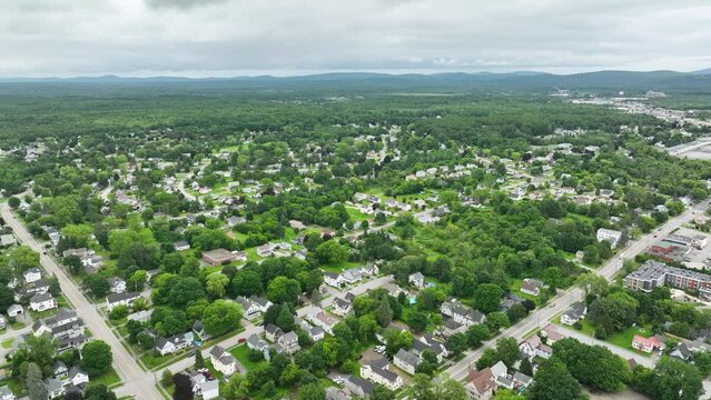 Wide aerial view of sprawling neighborhoods in Bangor, Maine.